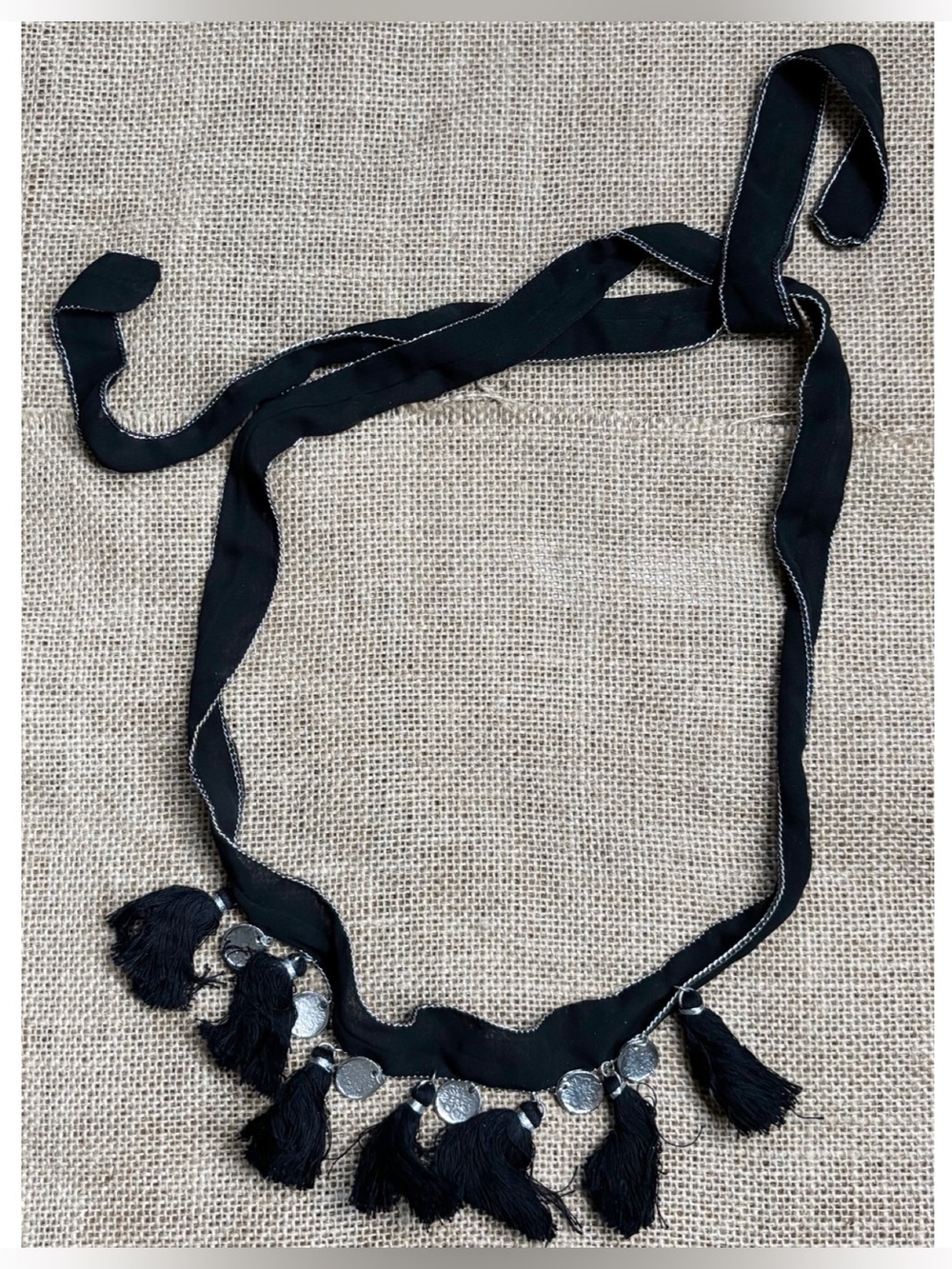 Black Ribbon Necklace w Coin Bead Tassels Whimsigoth Boho Grunge Goth Festival